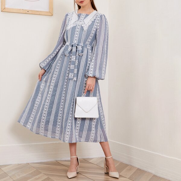 

Embroidered Mesh Chelsea Collar Guipure Lace Trim Swiss Dot Dress, Dusty blue