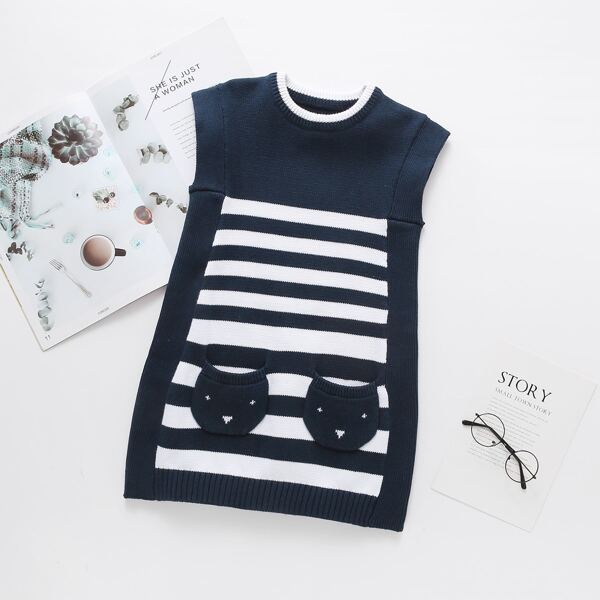 

Girls Pocket Front Stripe Sweater Vest, Navy blue