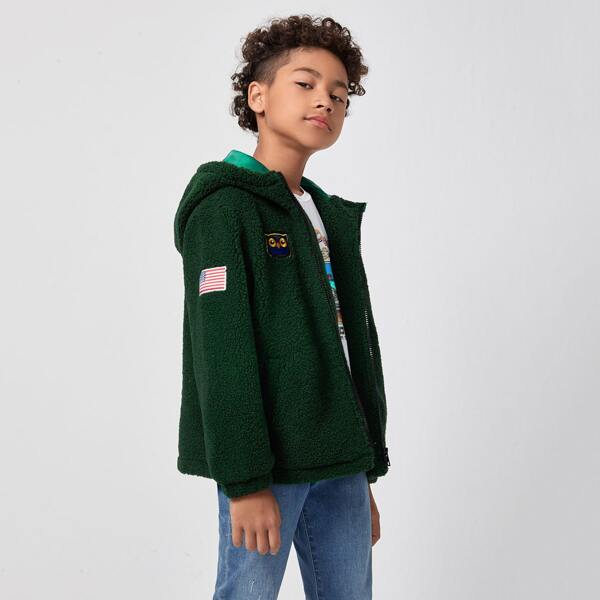 

Boys American Flag and Owl Embroidered Teddy Jacket, Dark green