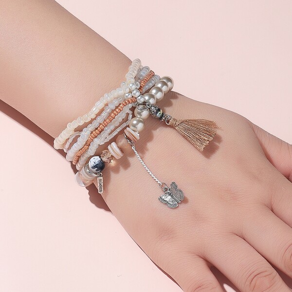 

6pcs Tree Charm Beaded Bracelet, Multicolor