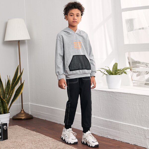 

Boys Slogan Graphic Fishnet Mesh Detail Hoodie, Light grey