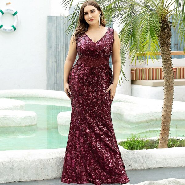 

Plus Low Back Tape Waist Sequin Prom Dress, Burgundy