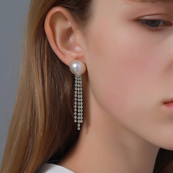 

Faux Pearl Decor Rhinestone Long Chain Drop Earrings, Gold