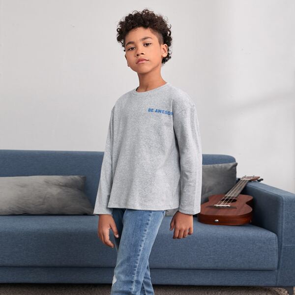 

Boys Letter Graphic Drop Shoulder Tee, Light grey