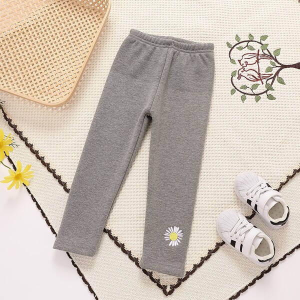 

Toddler Girls Floral Embroidery High Waist Leggings, Grey
