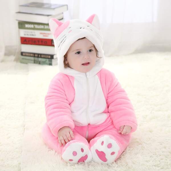 

Baby Girl 3D Ear Design Cartoon Teddy Onesie, Baby pink