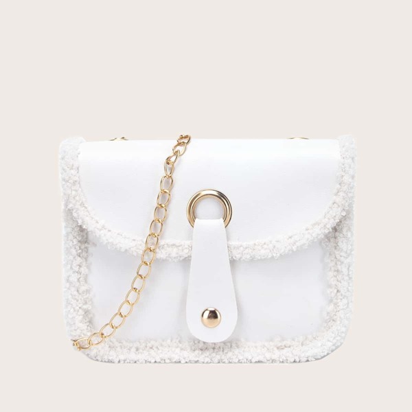 

Faux Fur Trim Flap Chain Bag, White