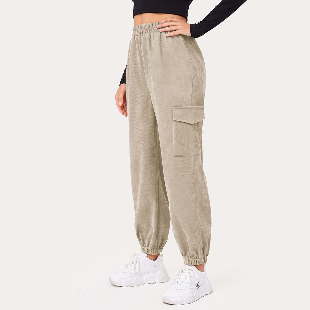 

Solid Corduroy Cargo Pants, Khaki