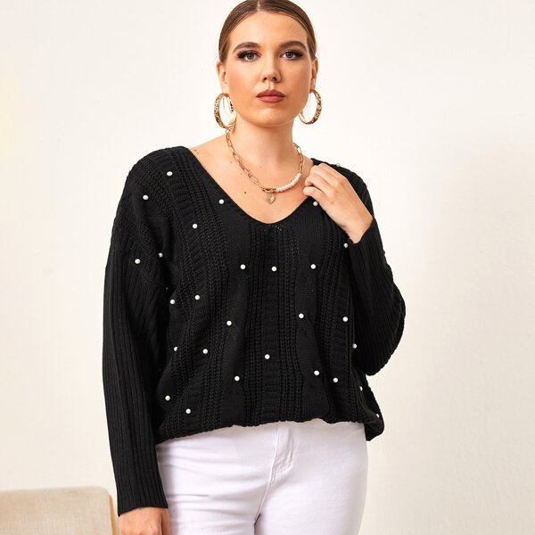 

Plus Drop Shoulder Pearls Beaded Sweater, Black