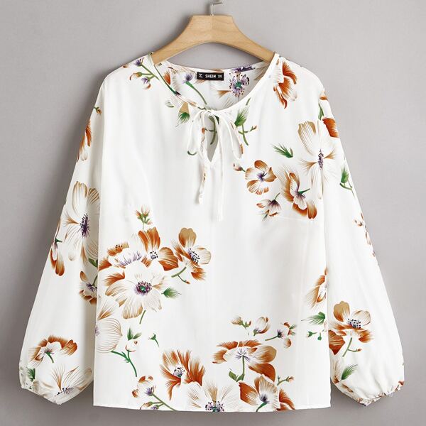 

Plus Tie Neck Lantern Sleeve Floral Top, Beige