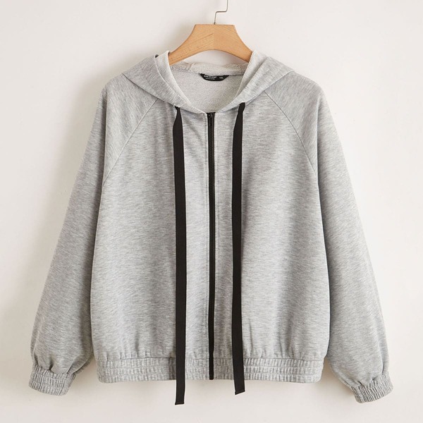 

Plus Drawstring Raglan Sleeve Zip-up Hooded Jacket, Light grey