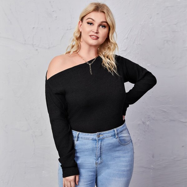 

Plus Asymmetrical Neck Rib-knit Tee, Black