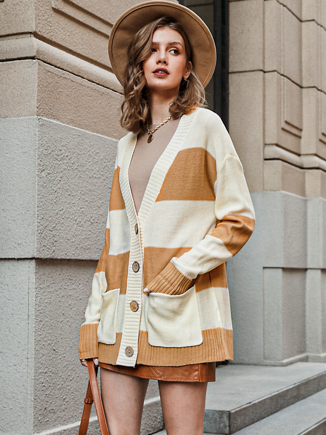 Button Front Patch Pocket Two Tone Cardigan thumbnail