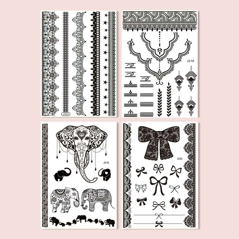 

4sheets Lace & Elephant Pattern Tattoo Sticker, Black