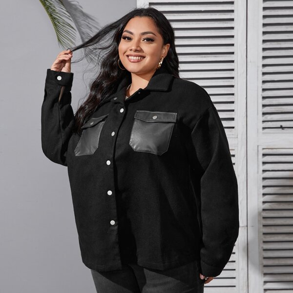 

Plus Drop Shoulder Flap Pocket Jacket, Black