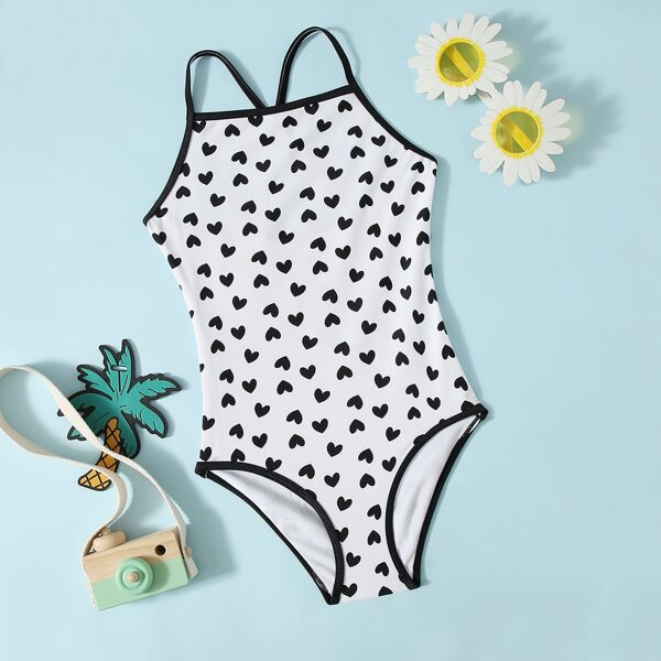 

Girls Heart Print Cross Back One Piece Swimsuit, Black and white