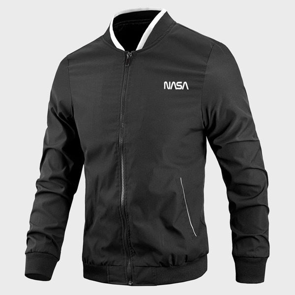 

Men Letter Graphic Zip Up Bomber Jacket, Black