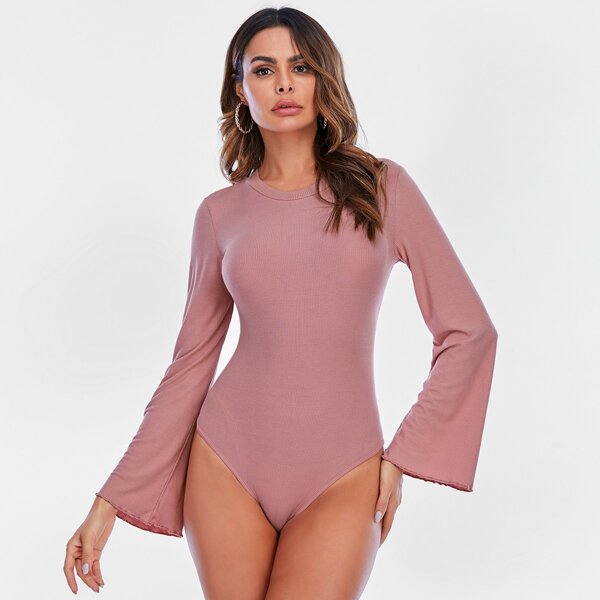 

Ribbed Flounce Sleeve Solid Bodysuit, Dusty pink