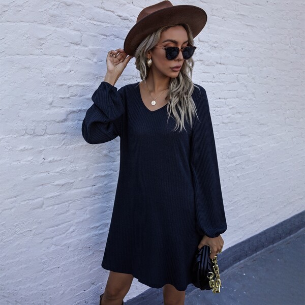 

Ribbed V-neck Tee Dress, Navy blue