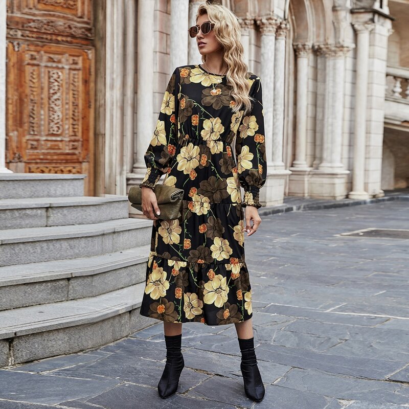 

Flower Print Babydoll Dress Without Belt, Multicolor