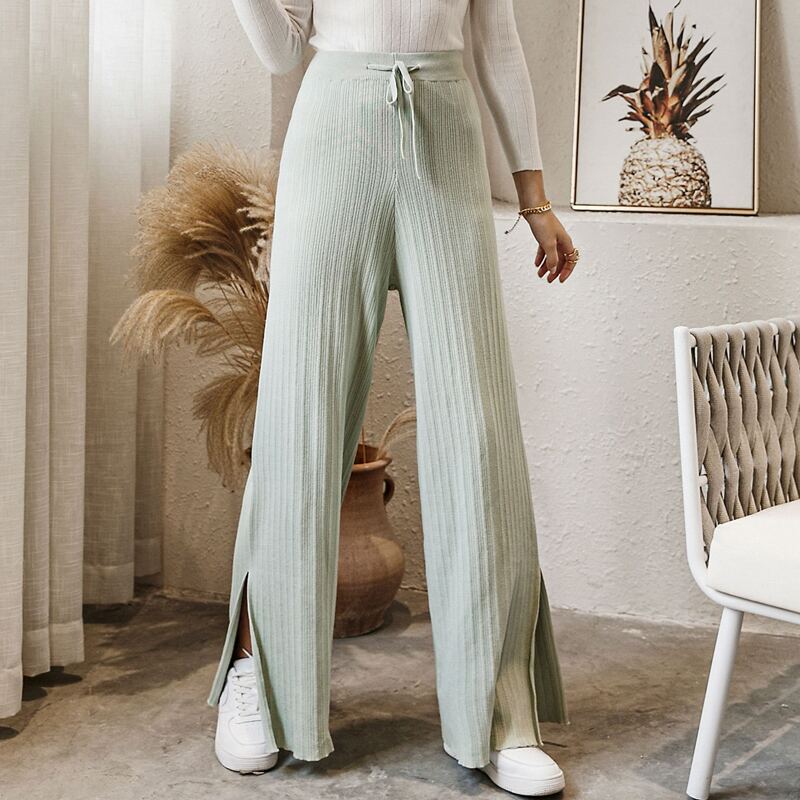 

Drawstring Waist Rib-knit Pants, Pastel mint green