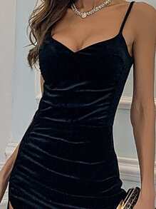 Missord Split Thigh Ruched Velvet Cami Formal Gown Black Elegant Prom Evening Wedding Guest Dress, For Graduation, Dinner - Black - View 4
