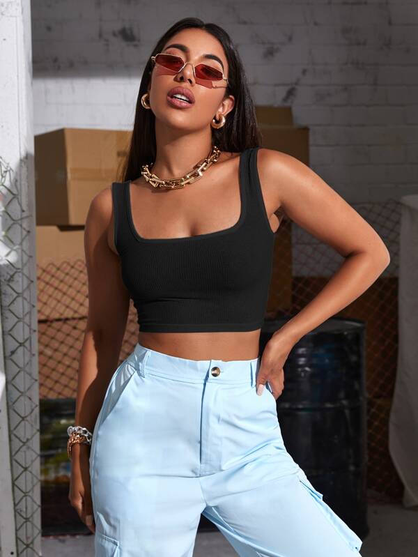 Square Neck Rib Knit Crop Tank Top Shein Eur
