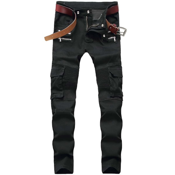 

Men Zipper Detail Flap Pocket Jeans Without Belt, Black