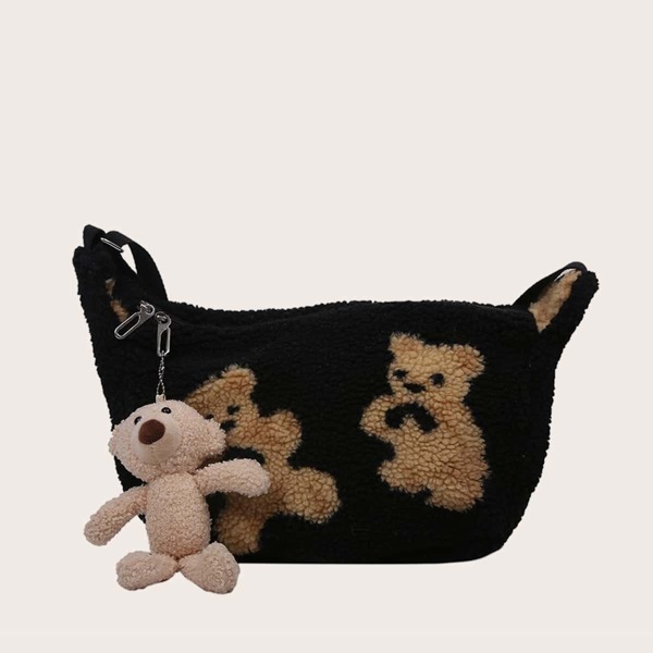 

Cartoon Bear Pattern Fluffy Crossbody Bag, Black