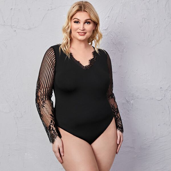 

Plus Contrast Lace Fitted Bodysuit, Black
