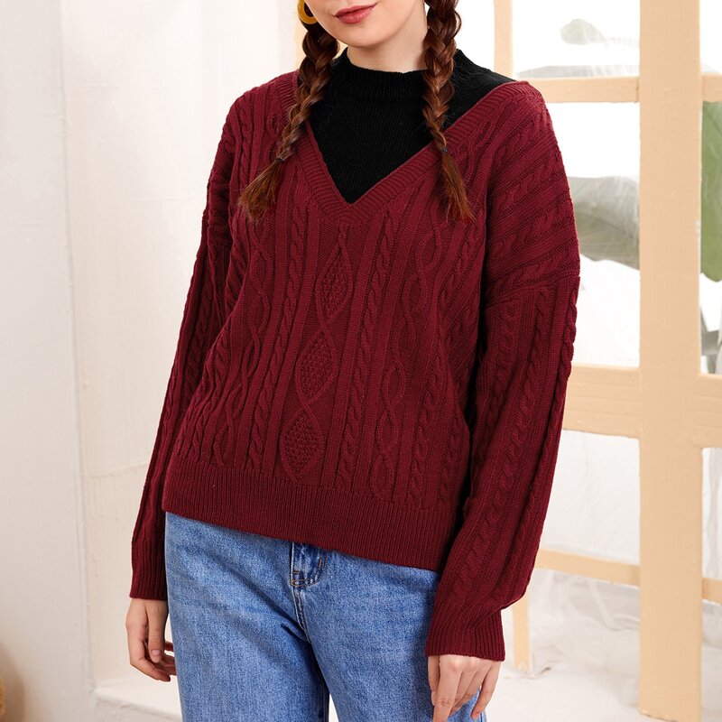 

Drop Shoulder Cable Knit 2 In 1 Sweater, Burgundy