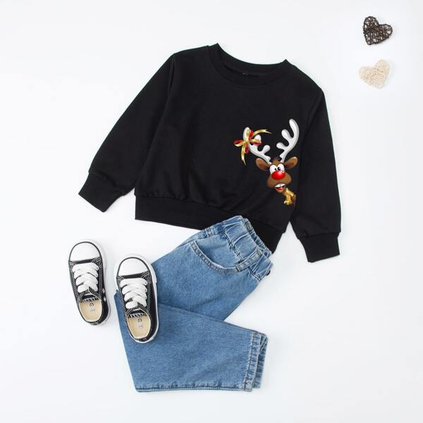 

Toddler Girls 1pc Christmas Reindeer Print Sweatshirt, Black