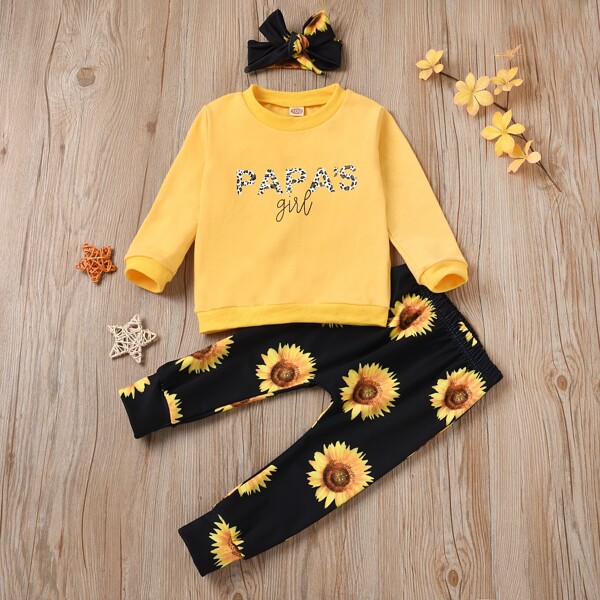 

Toddler Girls Letter Graphic Sweatshirt & Sunflower Pants & Headband, Multicolor