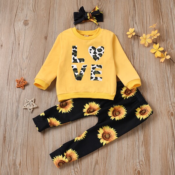 

Toddler Girls Letter Graphic Sweatshirt & Sunflower Pants & Headband, Multicolor