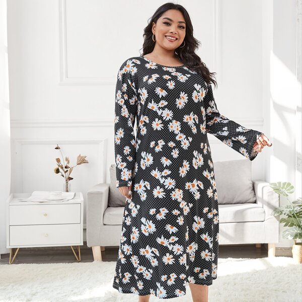 

Plus Daisy And Polka Dot Print Night Dress, Black and white