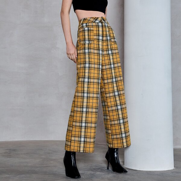 

Tartan Print Pocket Front Wide Leg Pants, Mustard yellow