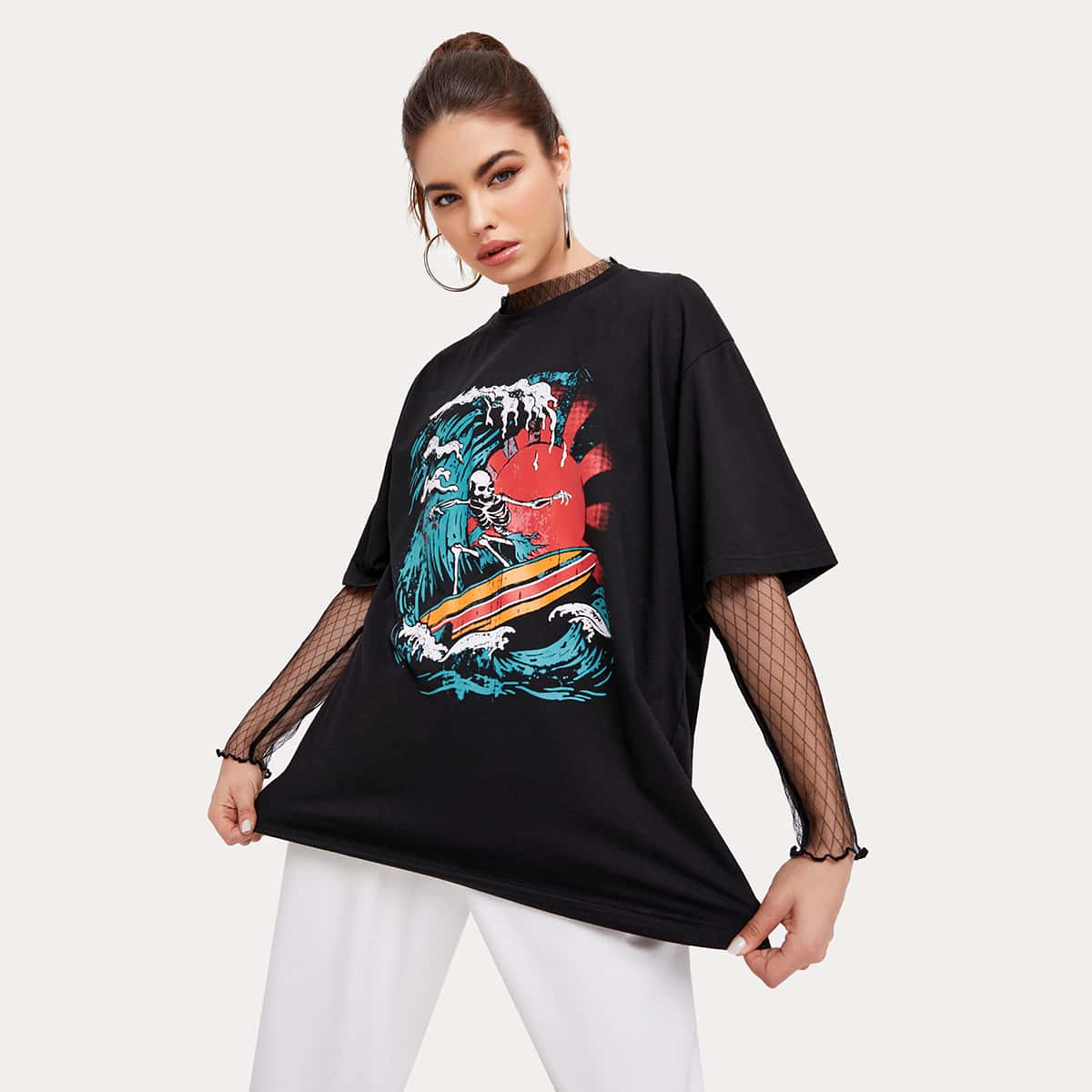 

Wave & Skull Graphic Oversized Tee, Black