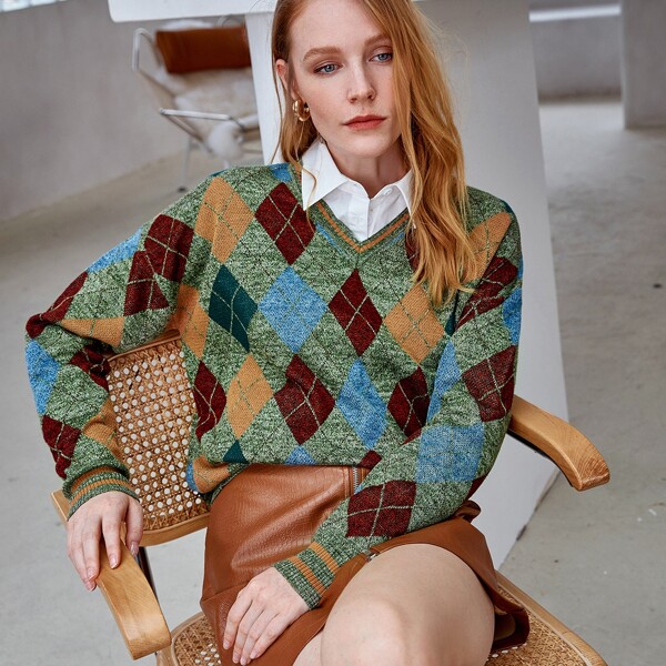 

Drop Shoulder Argyle Pattern Sweater, Multicolor