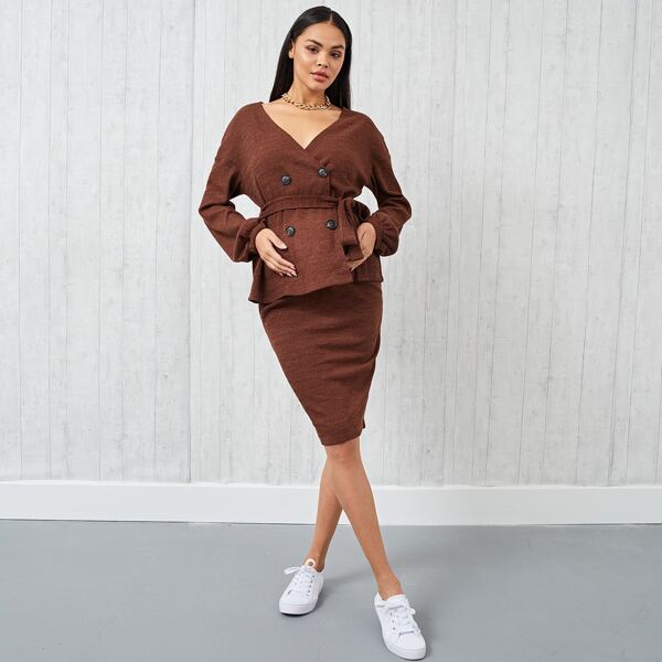 

Maternity Drop Shoulder Double Breasted Belted Top & Skirt Set, Coffee brown