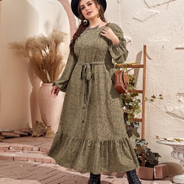 

Plus Allover Print Bishop Sleeve Belted Dress, Khaki