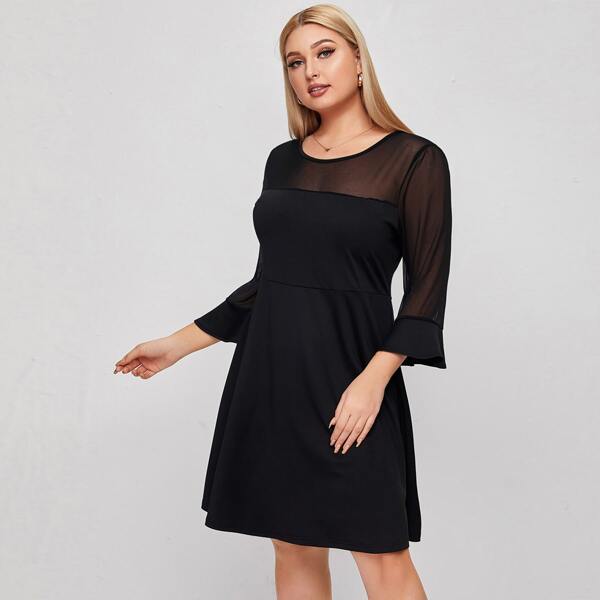 

Plus Contrast Mesh A-line Dress, Black