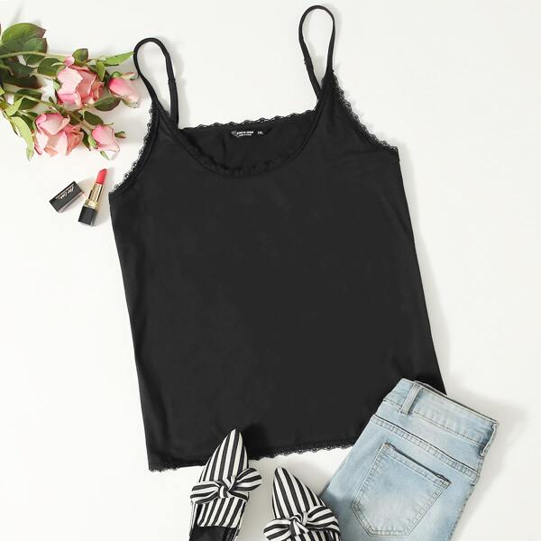 

Plus Contrast Lace Scallop Cami Top, Black