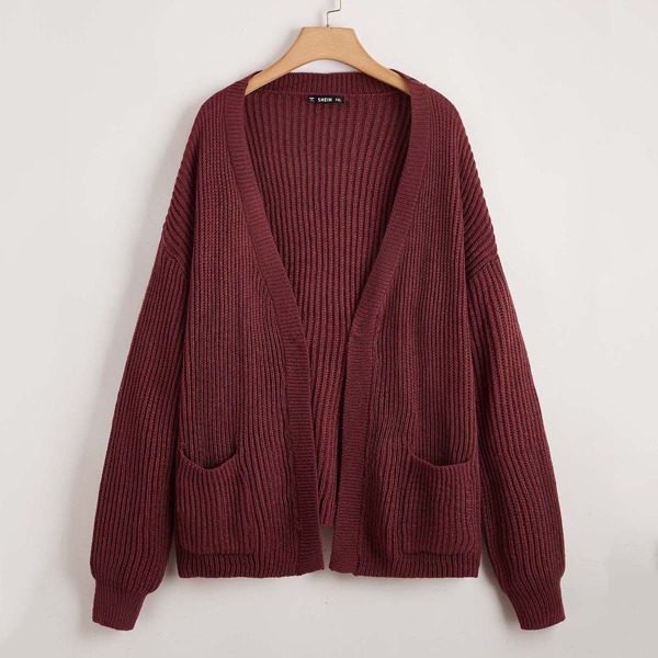 

Plus Drop Shoulder Open Front Patch Pocket Cardigan, Maroon