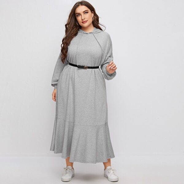 

Plus Drop Shoulder Ruffle Hem Drawstring Hooded Sweatshirt Dress, Light grey