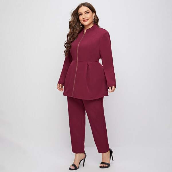 

Plus Stand Collar Zip Up Coat & Pants Set, Burgundy