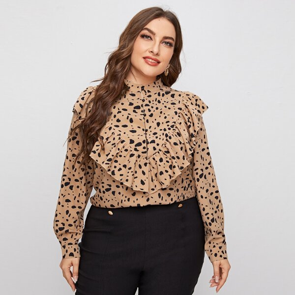 

Plus Stand Collar Allover Print Ruffle Trim Blouse, Apricot