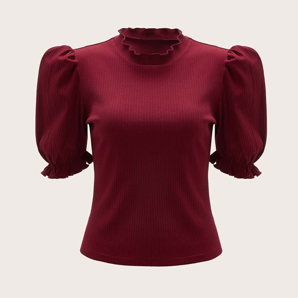 

Stand Collar Puff Sleeve Tee, Maroon