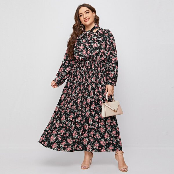 

Plus Floral Tie Neck Maxi A-line Dress, Multicolor