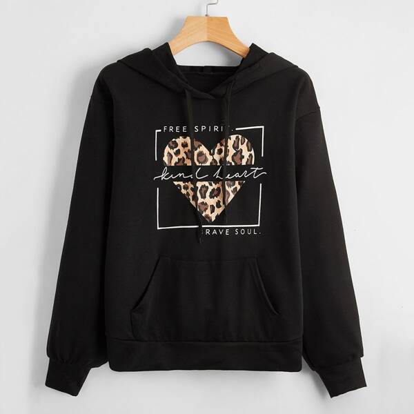

Heart And Letter Graphic Drawstring Hoodie, Black