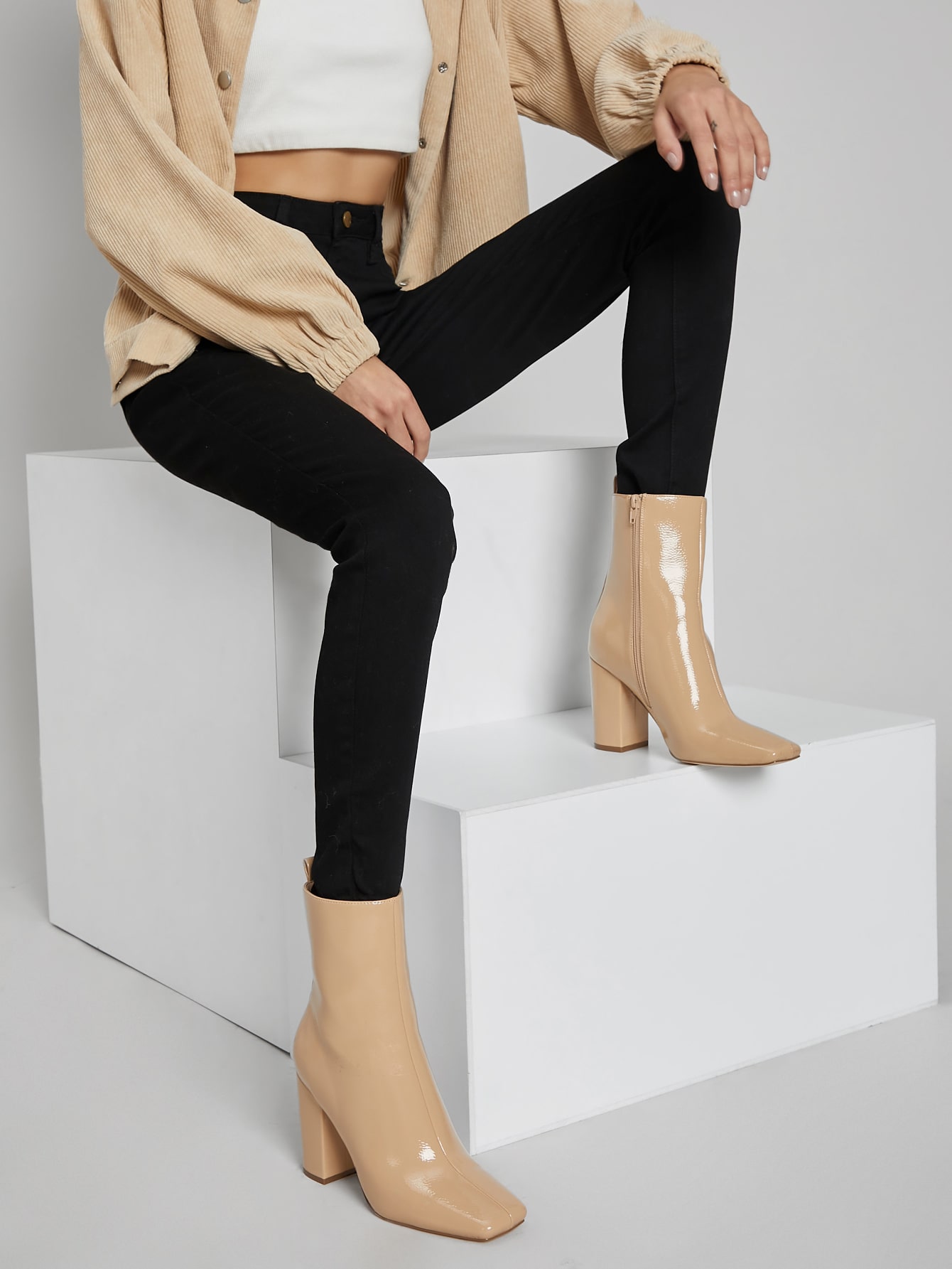 Faux Patent Leather Zippered High Heeled Boots thumbnail